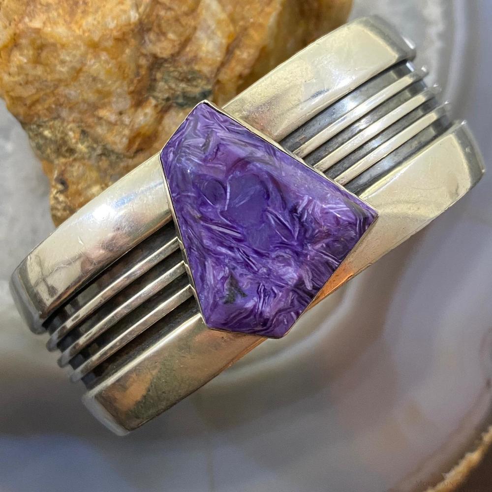 Signed Native American Sterling Linear Overlay Charoite Bracelet For Women